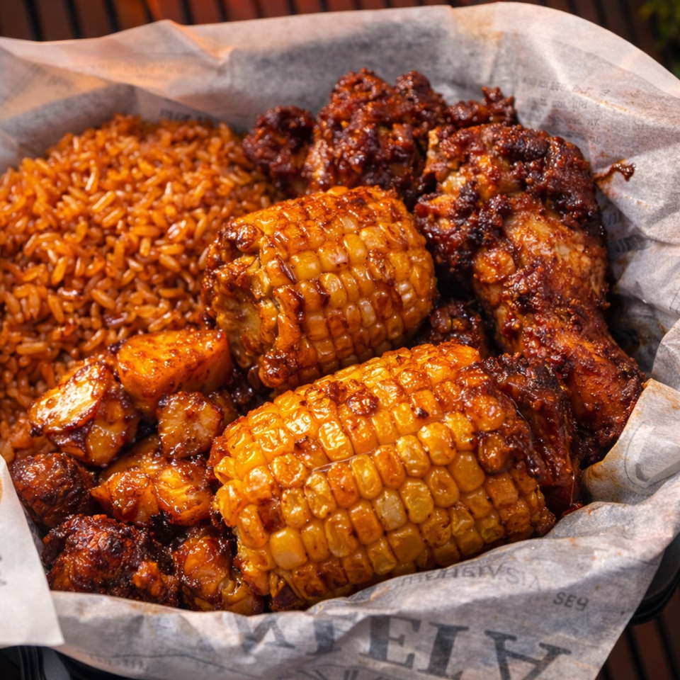 Close-up of a basket with spicy chicken wings, corn on the cob, and rice.