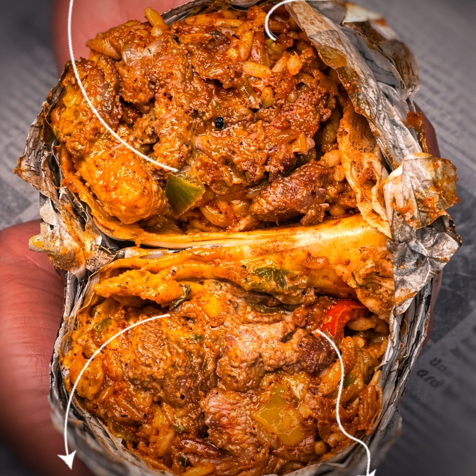 A large, open burrito filled with saucy meat, rice, and vegetables, wrapped in foil.