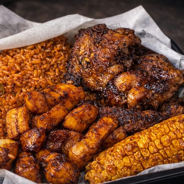 A close-up of a meal with rice, grilled chicken, plantains, and corn on the cob.